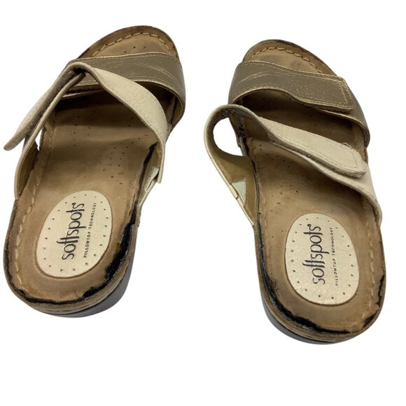Softspots Beige Gold Wedge Sandals Hook Loop Straps Women Sz 7.5 - Picture 3 of 6
